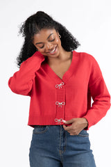 What A Sleigh Red Bow Embellished Button Cardigan FINAL SALE