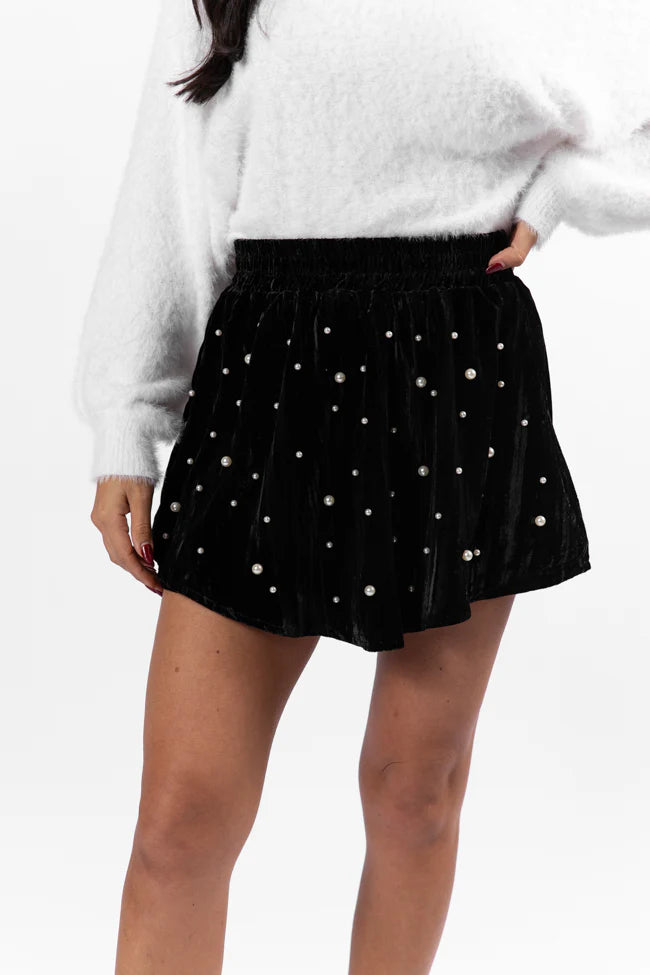 Lost In Time Pearl Embellished Black Velvet Shorts FINAL SALE