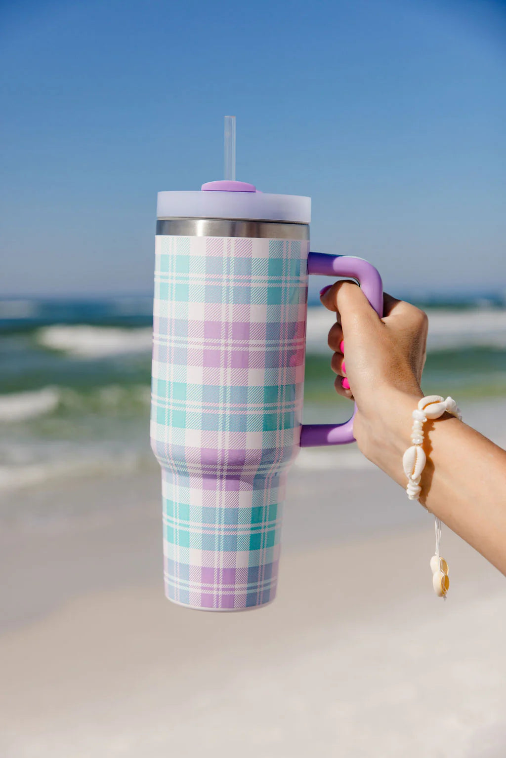 Sippin' Pretty In Tori Plaid 40 oz Drink Tumbler With Lid And Straw SALE