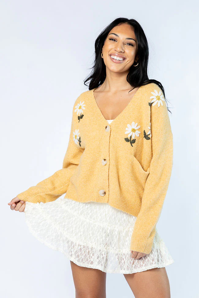 Fields Of Hope Mustard Floral Embroidered Cardigan