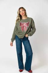 Bow Sequins Patch Olive Oversized Graphic Sweatshirt FINAL SALE