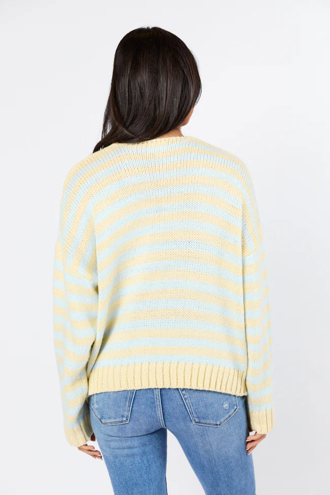 Wait A Minute Yellow and Blue Multi Striped V-Neck Sweater