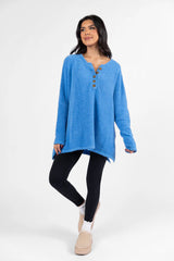 Thinking Of You Blue Fuzzy Henley Blouse SALE