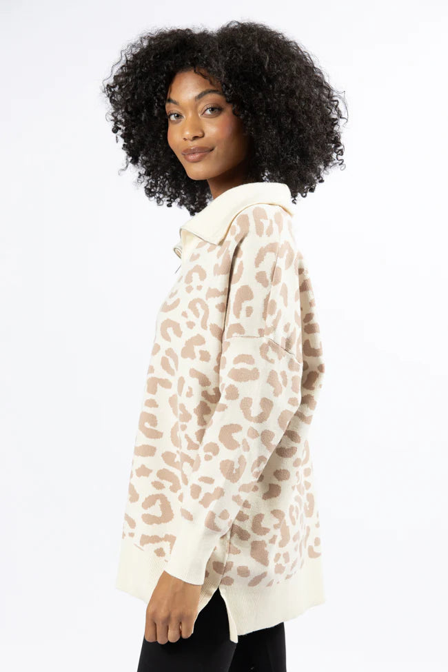 Pulling Heartstrings Tan And Cream Leopard Quarter Zip Pullover SALE