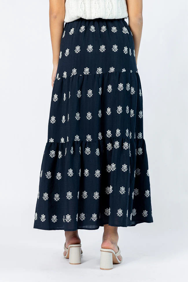 No Place Like This Navy Embroidered Maxi Skirt