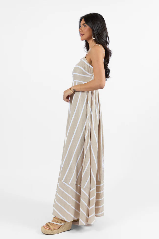 Come Sail Away Neutral Striped Midi Dress