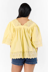 No Regrets Yellow Eyelet Detail Popover Short Sleeve Blouse