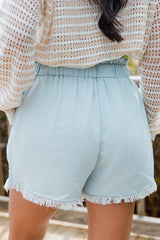 Finally Here Light Wash Chambray Frayed Hem Shorts SALE