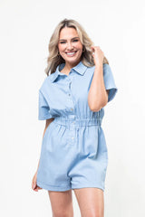 Walk With Me Blue Solid Chambray Romper