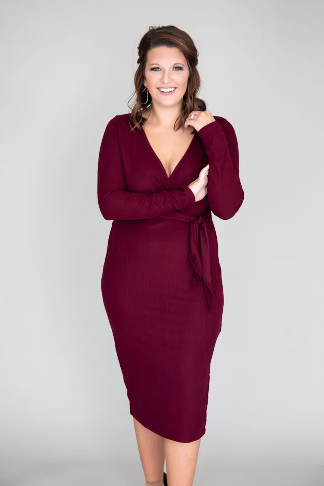 Daring Heart Ribbed Midi Burgundy Dress FINAL SALE