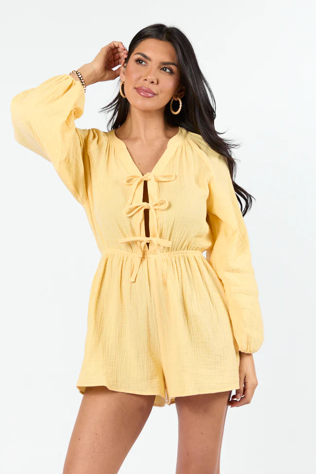 Endless Sunshine Yellow Tie Front Long Sleeve Romper