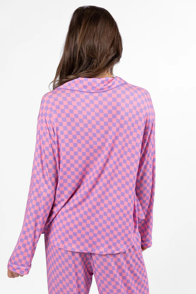 Good To Get Away Light Pink and Lilac Checkered Long Sleeve Pajama Top