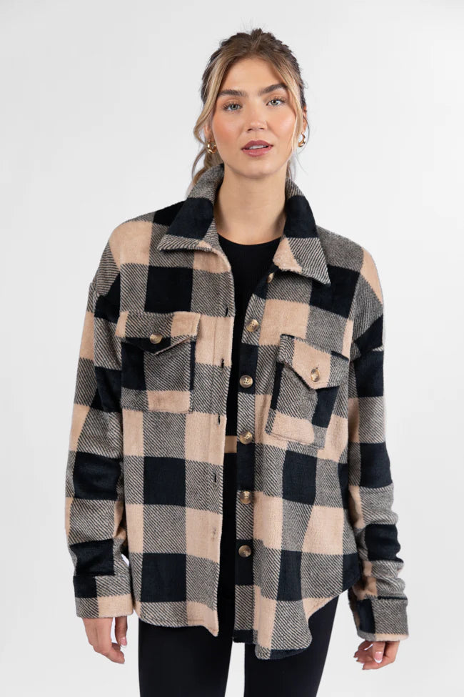 Wind Down Black and Tan Fleece Plaid Shacket