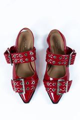 Addison Red Leather Buckle Slingback Flat