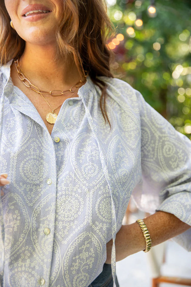 Downtown Delight Blue Embroidered Woven Button Down Blouse