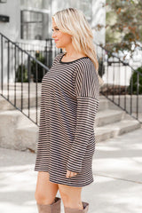 Brown and Black Striped Long Sleeve Ribbed T-Shirt Dress FINAL SALE