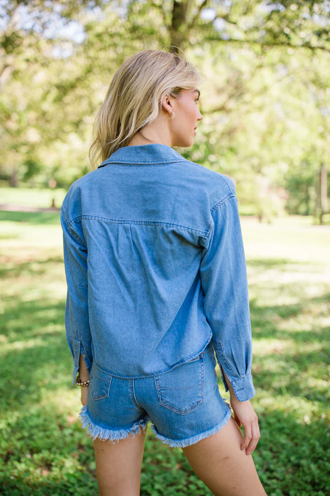 A Girl Like Me Medium Wash Cropped Chambray Blouse FINAL SALE