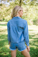 A Girl Like Me Medium Wash Cropped Chambray Blouse FINAL SALE