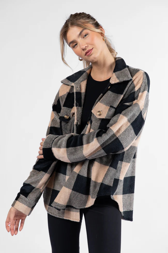 Wind Down Black and Tan Fleece Plaid Shacket