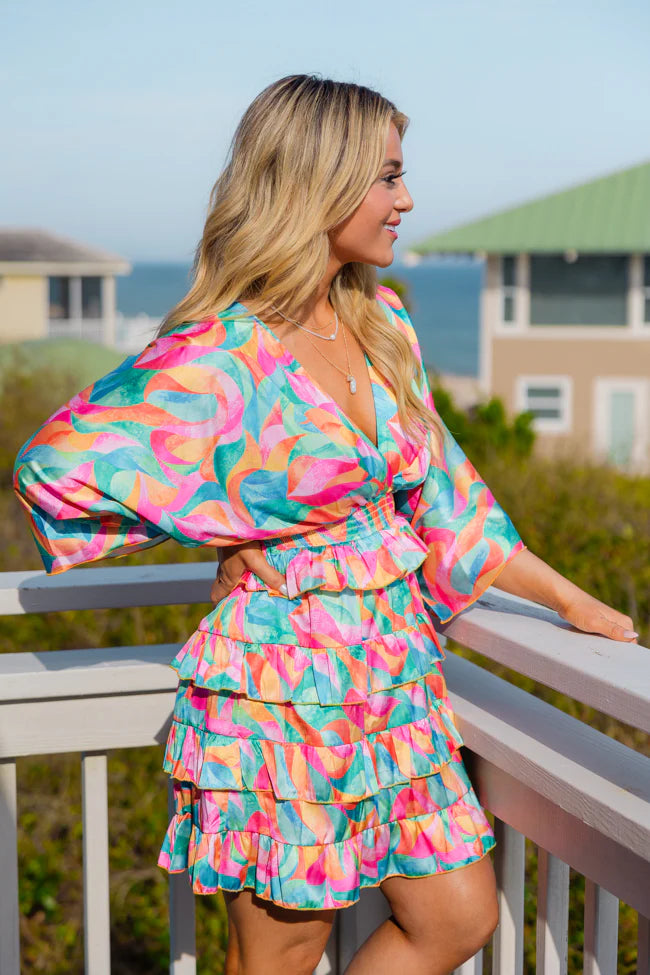 Fun And Flirty In Kaleidoscope Dreams Satin Ruffle Detail Dress SALE