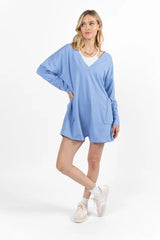 On A Daily Basis Indigo Deep V-Neck Pocketed Long Sleeve Romper