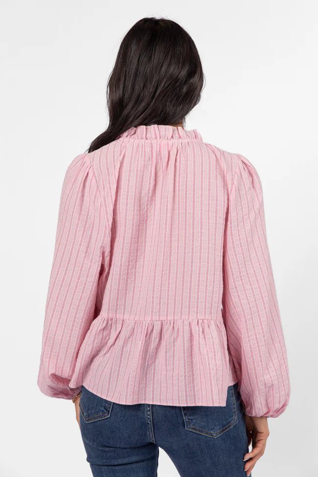 Oh My Darling Pink Stripe Notched Neckline Button Detail Peplum Blouse