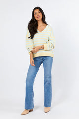 Wait A Minute Yellow and Blue Multi Striped V-Neck Sweater