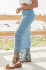 Clover Fields Blue Fringe Hem Knit Maxi Skirt SALE