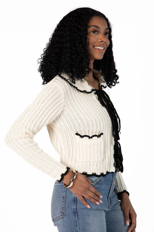 Aim High Cream and Black Tie Front Crochet Cardigan