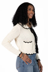 Aim High Cream and Black Tie Front Crochet Cardigan