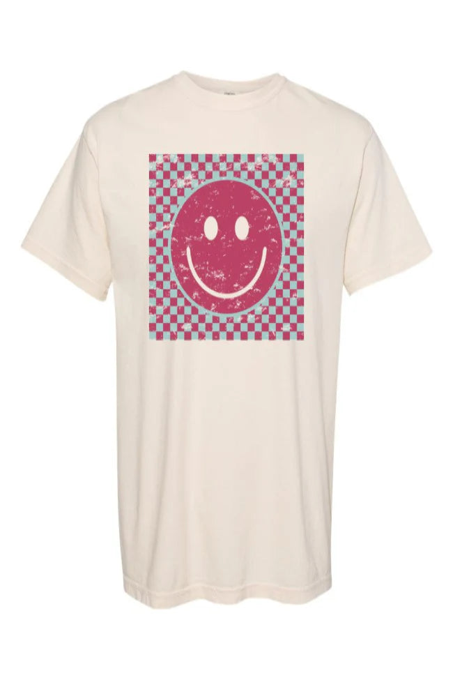 Pink And Teal Checkered Smiley Ivory Graphic Tee