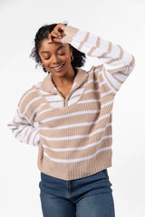 Worth Melting For Beige Striped Color Block Quarter Zip Pullover Sweater