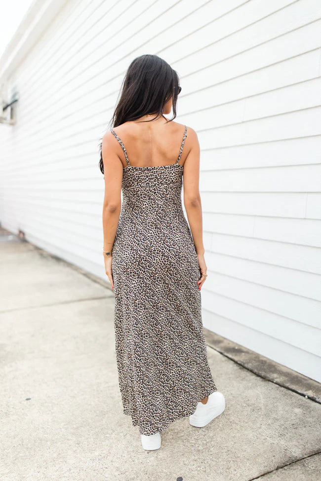 Be My Muse Shirred Neck Taupe Leopard Midi Dress