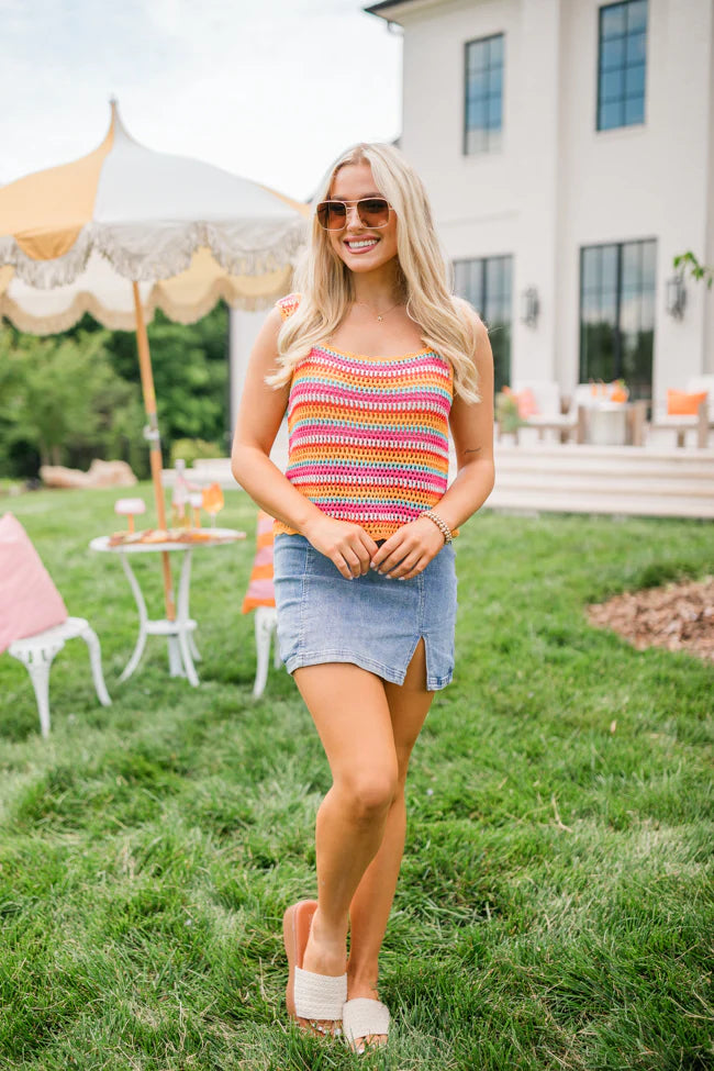 We Were Us Pink And Orange Multi Stripe Crochet Tank SALE