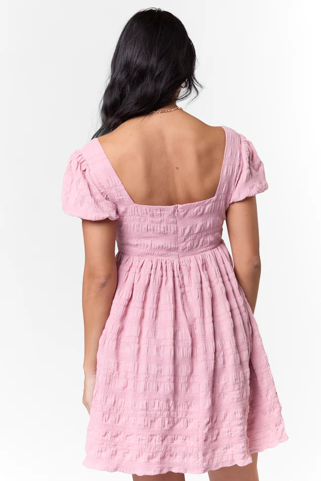 Breezing By Pink Textured Square Neck Mini Dress