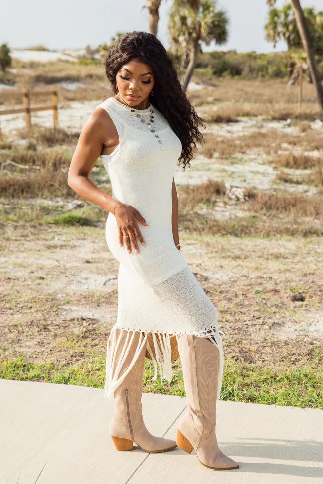 Along The Shoreline Ivory Fringe Detail Sweater Dress SALE