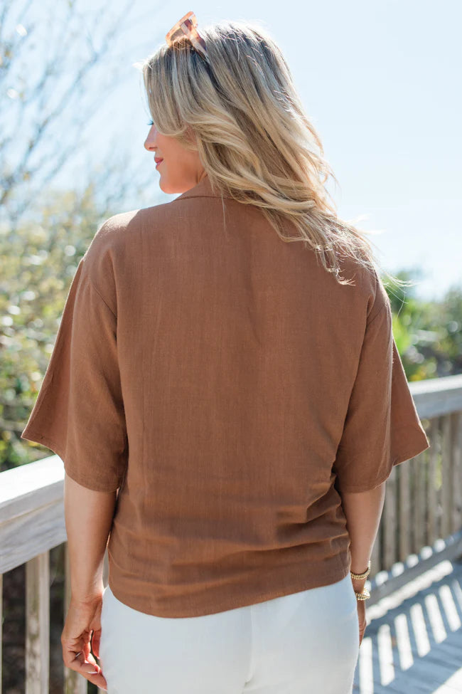 Taking A Risk Brown Pocketed Button Front Top SALE