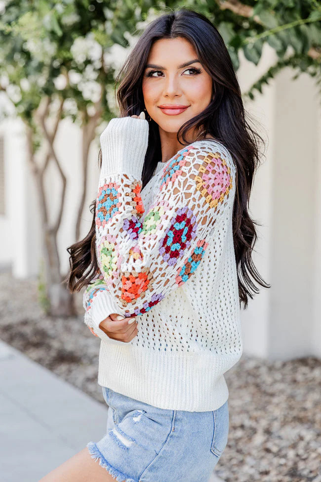 A Wonderful Life Ivory Multi Crochet Sleeve Sweater  FINAL SALE