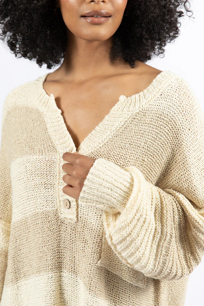 Know You Best Beige Oversized Striped Henley Sweater