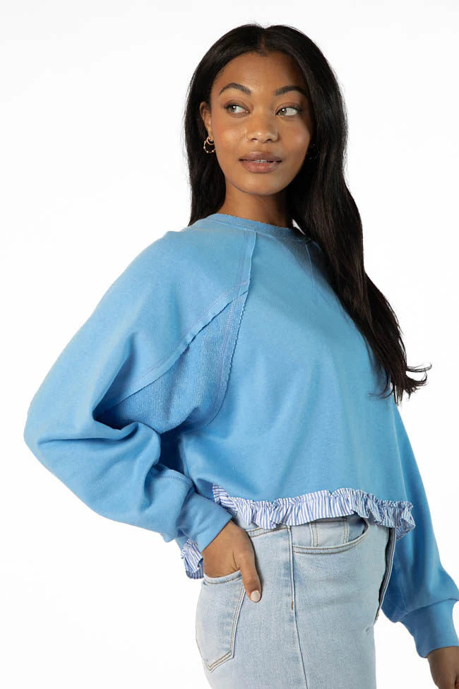 Away We Go Cropped Blue Stripe Ruffle Hem Crew Neck Sweatshirt