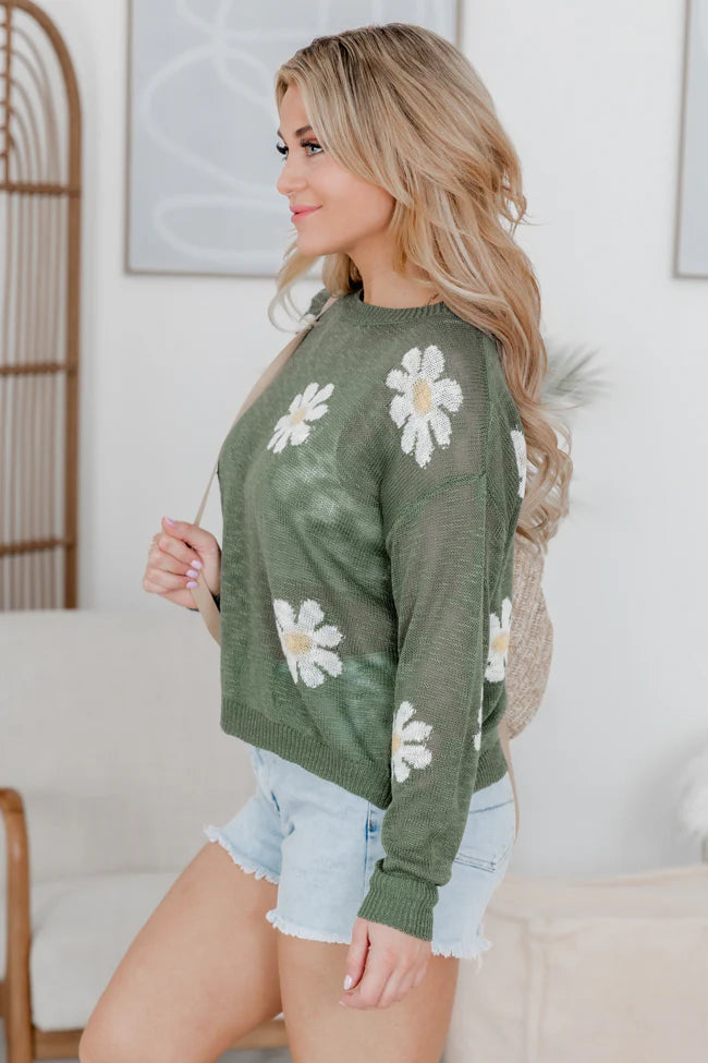 Oops-A-daisy Olive Daisy Print Sweater SALE