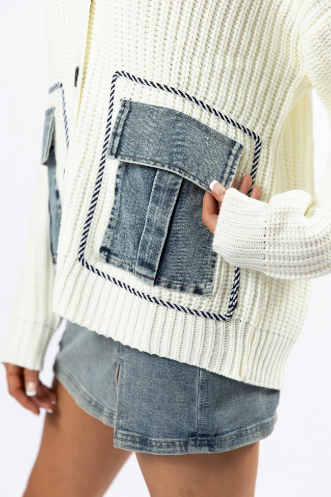 Living For Today Ivory Denim Pocket Cardigan