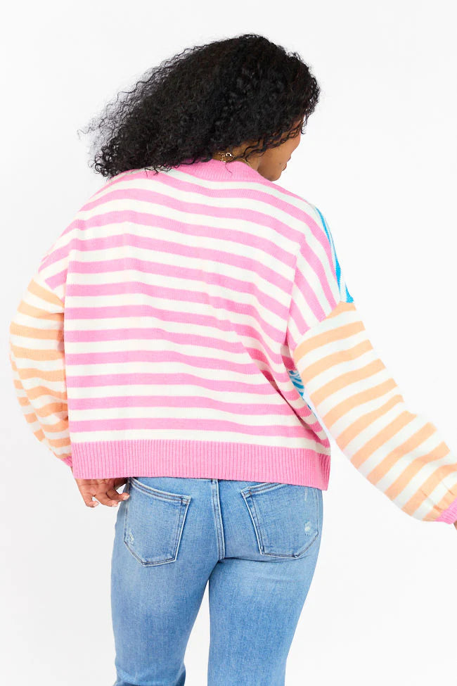 Delightful Days Blue, Pink, and Orange Multi Color Block Striped Sweater