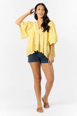 No Regrets Yellow Eyelet Detail Popover Short Sleeve Blouse