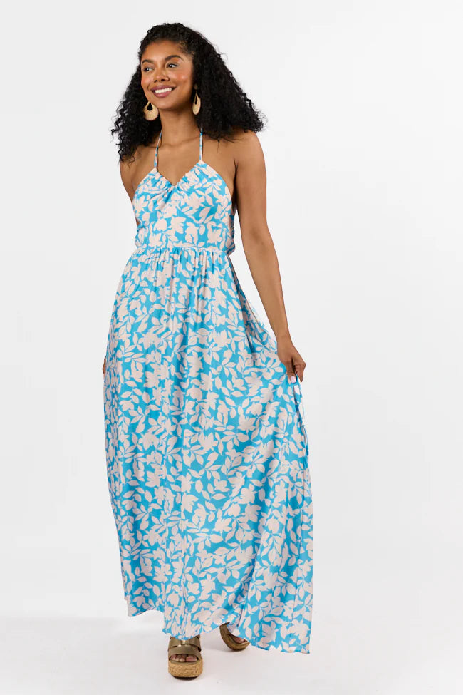 Golden Days Blue Halter Neck Printed Maxi Dress