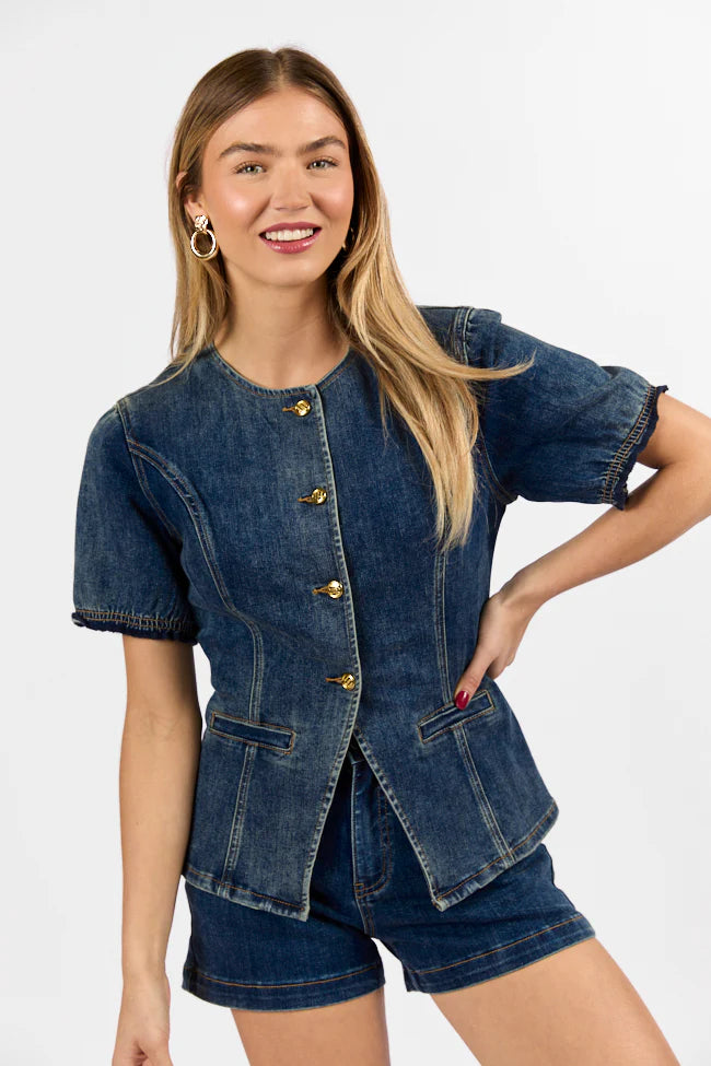 Come As You Are Dark Wash Puff Sleeve Denim Button Down Blouse