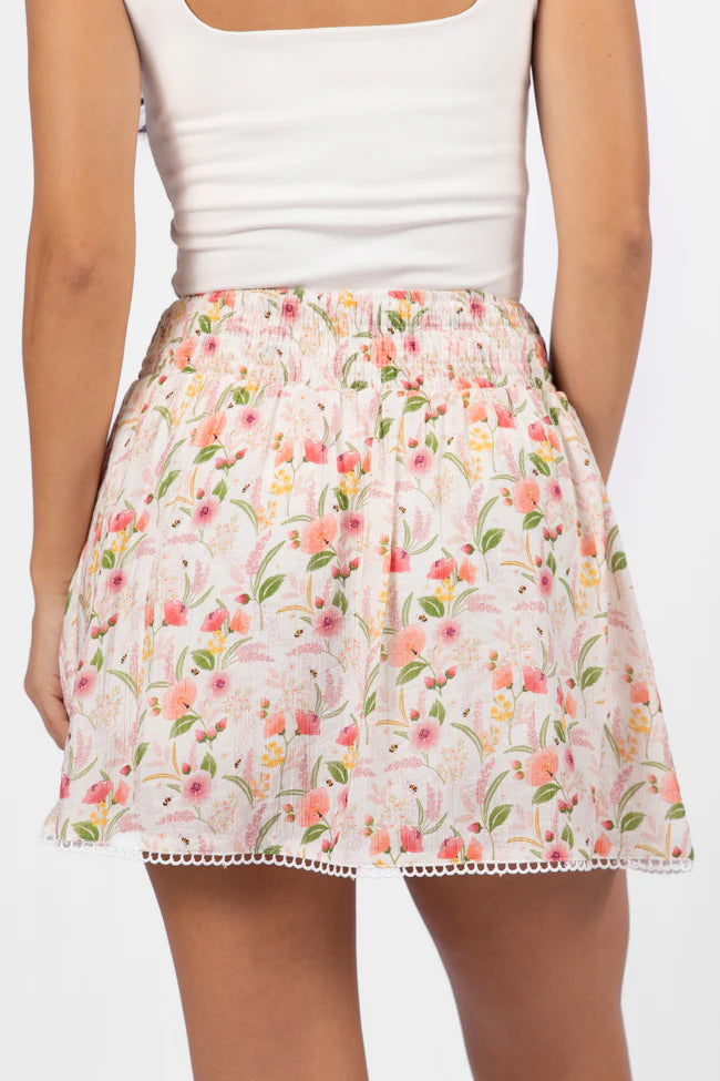 Through The Garden Ivory Multi Floral Eyelet Trim Mini Skort