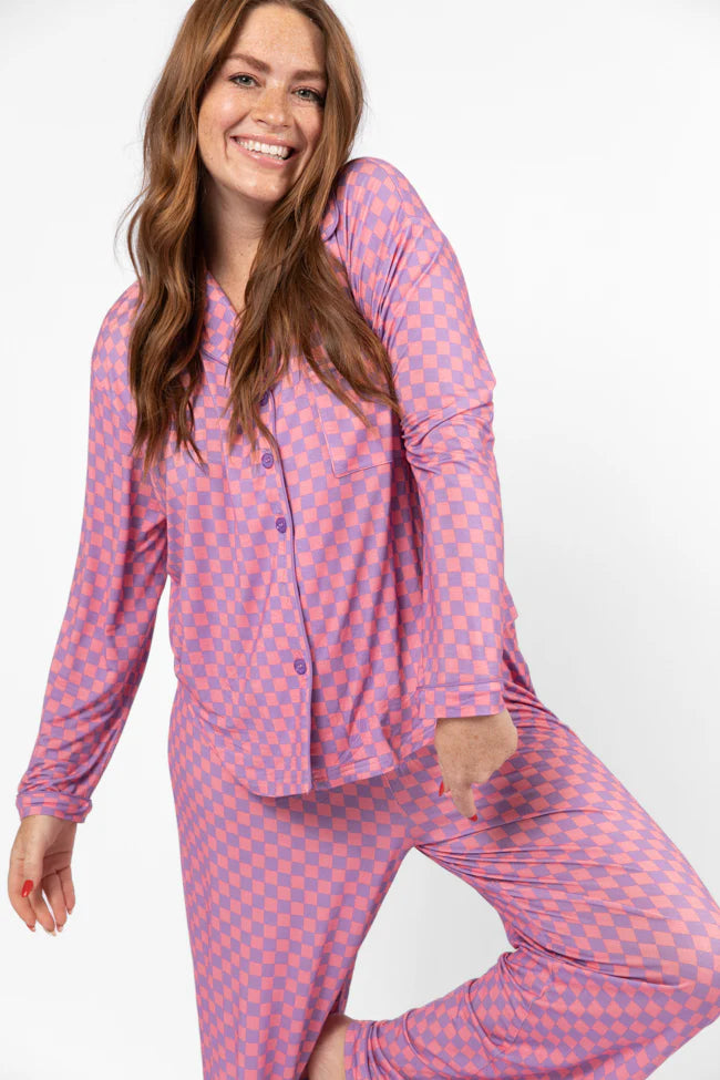 Good To Get Away Light Pink and Lilac Checkered Long Sleeve Pajama Top