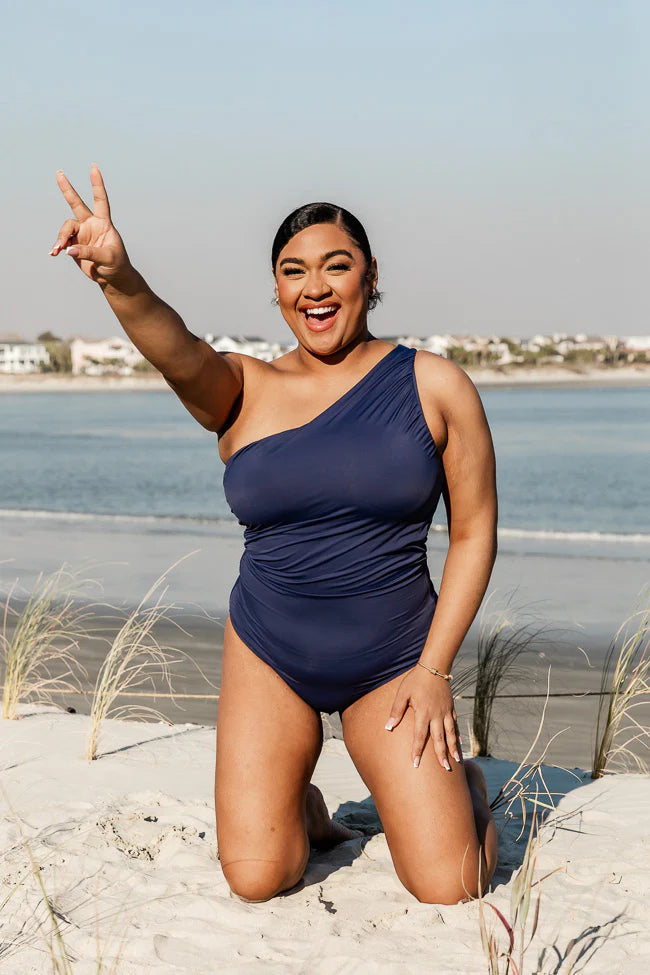 Find Me Poolside Navy One Shoulder Swimsuit FINAL SALE