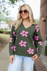 Keep You Around Olive and Pink Floral V-neck Sweater SALE